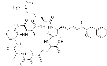 structure of CAS# 101043-37-2, Microcystin-Lr;(5R,8S,11R,12S,15S,18S,19S,22R)-15-(3-Guanidinopropyl)-8-Isobutyl-18-[(1E,3E,5S,6S)-6-Methoxy-3,5-Dimethyl-7-Phenyl-Hepta-1,3-Dienyl]-1,5,12,19-Tetramethyl-2-Methylene-3,6,9,13,16,20,25-Heptaoxo-1,4,7,10,14,17,21-Heptazacyclopentacosane-11,22-Dicarboxylic Acid;(5R,8S,11R,12S,15S,18S,19S,22R)-15-(3-Guanidinopropyl)-8-Isobutyl-18-[(1E,3E,5S,6S)-6-Methoxy-3,5-Dimethyl-7-Phenylhepta-1,3-Dienyl]-1,5,12,19-Tetramethyl-2-Methylene-3,6,9,13,16,20,25-Heptaoxo-1,4,7,10,14,17,21-Heptazacyclopentacosane-11,22-Dicarboxylic Acid;(5R,8S,11R,12S,15S,18S,19S,22R)-15-(3-Guanidinopropyl)-8-Isobutyl-3,6,9,13,16,20,25-Heptaketo-18-[(1E,3E,5S,6S)-6-Methoxy-3,5-Dimethyl-7-Phenyl-Hepta-1,3-Dienyl]-1,5,12,19-Tetramethyl-2-Methylene-1,4,7,10,14,17,21-Heptazacyclopentacosane-11,22-Dicarboxylic Acid