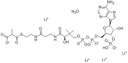 structure of CAS# 104809-02-1, methyl-malonyl-coenzyme A;3-[2-[3-[[4-[[[5-(6-Aminopurin-9-Yl)-4-Hydroxy-3-Phosphonooxy-Tetrahydrofuran-2-Yl]Methoxy-Hydroxy-Phosphoryl]Oxy-Hydroxy-Phosphoryl]Oxy-2-Hydroxy-3,3-Dimethyl-Butanoyl]Amino]Propanoylamino]Ethylsulfanyl]-2-Methyl-3-Oxo-Propanoic Acid;3-[2-[[3-[[4-[[[5-(6-Amino-9-Purinyl)-4-Hydroxy-3-Phosphonooxy-2-Tetrahydrofuranyl]Methoxy-Hydroxyphosphoryl]Oxy-Hydroxyphosphoryl]Oxy-2-Hydroxy-3,3-Dimethyl-1-Oxobutyl]Amino]-1-Oxopropyl]Amino]Ethylthio]-2-Methyl-3-Oxopropanoic Acid;3-[2-[3-[[4-[[[5-(6-Aminopurin-9-Yl)-4-Hydroxy-3-Phosphonooxy-Tetrahydrofuran-2-Yl]Methoxy-Hydroxy-Phosphoryl]Oxy-Hydroxy-Phosphoryl]Oxy-2-Hydroxy-3,3-Dimethyl-Butanoyl]Amino]Propanoylamino]Ethylthio]-3-Keto-2-Methyl-Propionic Acid