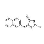 structure of CAS# 107916-92-7, (5E)-5-(2-Naphthylmethylene)-2-Sulfanyl-1,3-Thiazol-4(5H)-One;(5E)-2-Me<wbr>rcapto-5-<wbr>(2-naphth<wbr>ylmethyle<wbr>ne)-1,3-t<wbr>hiazol-4(<wbr>5H)-one;5-(2-naphthylmethylene)-2-thioxo-1,3-thiazolidin-4-one;MFCD04969039