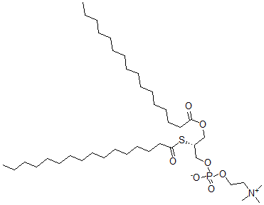 structure of CAS# 113881-60-0, 1-Palmitoyl-2-Thiopalmitoyl Phosphatidylcholine;[(2R)-3-Hexadecanoyloxy-2-Hexadecanoylsulfanyl-Propyl] 2-Trimethylammonioethyl Phosphate;[(2R)-3-(1-Oxohexadecoxy)-2-(1-Oxohexadecylthio)Propyl] 2-Trimethylammonioethyl Phosphate;[(2R)-3-Hexadecanoyloxy-2-(Hexadecanoylthio)Propyl] 2-Trimethylammonioethyl Phosphate