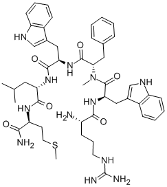 structure of CAS# 115150-59-9, (Arg6,D-Trp7,9,N-Me-Phe8)-Substance P (6-11);(2S)-2-[[(2R)-2-[[(2S)-2-[[(2R)-2-[[(2S)-2-Amino-5-Guanidino-Pentanoyl]Amino]-3-(1H-Indol-3-Yl)Propanoyl]-Methyl-Amino]-3-Phenyl-Propanoyl]Amino]-3-(1H-Indol-3-Yl)Propanoyl]Amino]-N-[(1S)-1-Carbamoyl-3-Methylsulfanyl-Propyl]-4-Methyl-Pentanamide;(2S)-2-[[(2R)-2-[[(2S)-2-[[(2R)-2-[[(2S)-2-Amino-5-Guanidino-1-Oxopentyl]Amino]-3-(1H-Indol-3-Yl)-1-Oxopropyl]-Methylamino]-1-Oxo-3-Phenylpropyl]Amino]-3-(1H-Indol-3-Yl)-1-Oxopropyl]Amino]-N-[(1S)-1-Carbamoyl-3-(Methylthio)Propyl]-4-Methylpentanamide;(2S)-2-[[(2R)-2-[[(2S)-2-[[(2R)-2-[[(2S)-2-Amino-5-Guanidino-Pentanoyl]Amino]-3-(1H-Indol-3-Yl)Propanoyl]-Methyl-Amino]-3-Phenyl-Propanoyl]Amino]-3-(1H-Indol-3-Yl)Propanoyl]Amino]-N-[(1S)-1-Carbamoyl-3-(Methylthio)Propyl]-4-Methyl-Valeramide