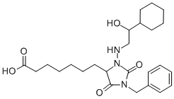 structure of CAS# 118675-50-6, 3-Benzyl-5-(6-carboxyhexyl)-1-(2-cyclohexyl-2-hydroxyethylamino)hydantoin;7-[3-[(2-Cyclohexyl-2-Hydroxy-Ethyl)Amino]-2,5-Dioxo-1-(Phenylmethyl)Imidazolidin-4-Yl]Heptanoic Acid;7-[3-[(2-Cyclohexyl-2-Hydroxyethyl)Amino]-2,5-Dioxo-1-(Phenylmethyl)-4-Imidazolidinyl]Heptanoic Acid;7-[1-(Benzyl)-3-[(2-Cyclohexyl-2-Hydroxy-Ethyl)Amino]-2,5-Diketo-Imidazolidin-4-Yl]Enanthic Acid
