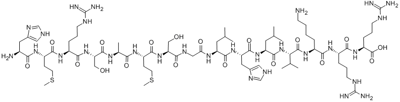 structure of CAS# 125911-68-4, L-Histidyl-L-Methionyl-L-Arginyl-L-Seryl-L-Alanyl-L-Methionyl-L-Serylglycyl-L-Leucyl-L-Histidyl-L-Leucyl-L-Valyl-L-Lysyl-L-Arginyl-L-Arginine;(Ser76,Arg86·87)-ACC-A (73-87) (Dephosphorylated) (E. Coli,  Rat), (Ser76,Arg86·87)-Acetyl-Coa Carboxylase 1 (73-87) (Dephosphorylated) (E. Coli, Rat), (Ser77,Arg87·88)-ACC-A (74-88) (Dephosphorylated) (Bovine, Ovine), (Ser77,Arg87·88)-Acetyl-Coa Carboxylase 1 (74-88) (Dephosphorylated) (Bovine, Ovine);(SER77,ARG87,88)-ACETYL-COA CARBOXYLASE 1 (74-88) (DEPHOSPHORYLATED) (BOVINE, OVINE);(SER76,ARG86,87)-ACETYL-COA CARBOXYLASE 1 (73-87) (DEPHOSPHORYLATED) (E COLI, RAT)