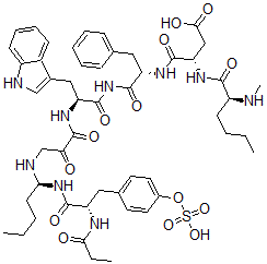 CAS#: 131167-65-2， (3S)-4-[[(2S)-1-[[(2S)-3-(1H-Indol-3-Yl)-2-[[2-Oxo-3-[[(1S)-1-[[(2S)-2-(Propanoylamino)-3-(4-Sulfooxyphenyl)Propanoyl]Amino]Pentyl]Amino]Propanoyl]Amino]Propanoyl]Amino]-1-Oxo-3-Phenylpropan-2-Yl]Amino]-3-[[(2S)-2-Methylaminohexanoyl]Amino]-4-Oxobutanoic Acid