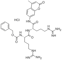 structure of CAS# 136132-67-7, N2-[(Phenylmethoxy)Carbonyl]-L-Arginyl-N-(4-Methyl-2-Oxo-2H-1-Benzopyran-7-Yl)-L-Argininamide Monohydrochloride;Z-ARG-ARG-7-AMIDO-4-METHYL COUMARIN, DIHCL;CATHEPSIN B SUBSTRATE III, FLUOROGENIC;CATHEPSIN B SUBSTRATE IV, FLUOROGENIC