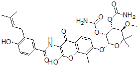 CAS#: 138686-58-5， [(3R,4R,5R,6S)-5-Carbamoyloxy-6-[2-Hydroxy-3-[[4-Hydroxy-3-(3-Methylbut-2-Enyl)Benzoyl]Amino]-8-Methyl-4-Oxochromen-7-Yl]Oxy-3-Methoxy-2,2-Dimethyloxan-4-Yl] Carbamate