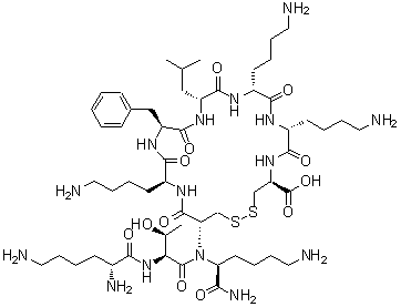structure of CAS# 147396-10-9, D-Lysyl-L-allothreonyl-N-[(4S,7R,10R,13R,16S,19S,22R)-7,10,19-tris(4-aminobutyl)-16-benzyl-4-carboxy-13-isobutyl-6,9,12,15,18,21-hexaoxo-1,2-dithia-5,8,11,14,17,20-hexaazacyclotricosan-22-yl]-L-lysinamide;D-Lysyl-L<wbr>-allothre<wbr>onyl-N-[(<wbr>4S,7R,10R<wbr>,13R,16S,<wbr>19S,22R)-<wbr>7,10,19-t<wbr>ris(4-ami<wbr>nobutyl)-<wbr>16-benzyl<wbr>-4-carbox<wbr>y-13-isob<wbr>utyl-6,9,<wbr>12,15,18,<wbr>21-hexaox<wbr>o-1,2-dit<wbr>hia-5,8,1<wbr>1,14,17,2<wbr>0-hexaaza<wbr>cyclotric<wbr>osan-22-y<wbr>l]-L-lysi<wbr>na mid;D-Lysyl-L<wbr>-allothre<wbr>onyl-N-[(<wbr>4S,7R,10R<wbr>,13R,16S,<wbr>19S,22R)-<wbr>7,10,19-t<wbr>ris(4-ami<wbr>nobutyl)-<wbr>16-benzyl<wbr>-4-carbox<wbr>y-13-isob<wbr>utyl-6,9,<wbr>12,15,18,<wbr>21-hexaox<wbr>o-1,2-dit<wbr>hia-5,8,1<wbr>1,14,17,2<wbr>0-hexaaza<wbr>cyclotric<wbr>osan-22-y<wbr>l]-L-lysi<wbr>na mide;D-Lysyl-L<wbr>-allothré<wbr>onyl-N-[(<wbr>4S,7R,10R<wbr>,13R,16S,<wbr>19S,22R)-<wbr>7,10,19-t<wbr>ris(4-ami<wbr>nobutyl)-<wbr>16-benzyl<wbr>-4-carbox<wbr>y-13-isob<wbr>utyl-6,9,<wbr>12,15,18,<wbr>21-hexaox<wbr>o-1,2-dit<wbr>hia-5,8,1<wbr>1,14,17,2<wbr>0-hexaaza<wbr>cyclotric<wbr>osan-22-y<wbr>l]-L-lysi<wbr>na mide