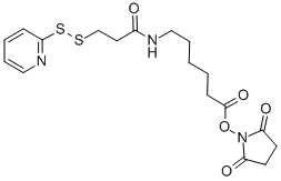 structure of CAS# 158913-22-5, Succinimidyl 6-[3-(2-Pyridyldithio)Propionamido]Hexanoate;(2,5-Dioxopyrrolidin-1-Yl) 6-[3-(2-Pyridyldisulfanyl)Propanoylamino]Hexanoate;6-[[1-Oxo-3-(2-Pyridyldisulfanyl)Propyl]Amino]Hexanoic Acid (2,5-Dioxo-1-Pyrrolidinyl) Ester;6-[3-(2-Pyridyldisulfanyl)Propanoylamino]Hexanoic Acid Succinimido Ester
