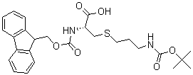 structure of CAS# 173963-91-2, (3R)-3-Carboxy-12,12-Dimethyl-10-Oxo-11-Oxa-5-Thia-2,9-Diazatridecanoic Acid 1-(9H-Fluoren-9-Ylmethyl) Ester;N-ALPHA-(9-FLUORENYLMETHOXYCARBONYL)-S-T-BUTOXYCARBONYL-3-AMINOPROPYL-L-CYSTEINE;FMOC-CYSTEINE(3-(BOC-AMINO)-PROPYL)-OH;FMOC-S-BOC-3-AMINOPROPYL-L-CYSTEINE