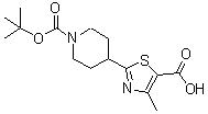 structure of CAS# 216955-61-2, 4-Methyl-2-(1-{[(2-Methyl-2-Propanyl)Oxy]Carbonyl}-4-Piperidinyl)-1,3-Thiazole-5-Carboxylic Acid;2-[1-(ter<wbr>t-Butoxyc<wbr>arbonyl)p<wbr>iperidin-<wbr>4-yl]-4-m<wbr>ethyl-1,3<wbr>-thiazole<wbr>-5-carbox<wbr>ylic acid;2-[1-(ter<wbr>t-Butoxyc<wbr>arbonyl)p<wbr>iperidin-<wbr>4-yl]-5-c<wbr>arboxy-4-<wbr>methyl-1,<wbr>3-thiazole;2-[1-(ter<wbr>t-Butoxyc<wbr>arbonyl)p<wbr>iperidin-<wbr>4-yl]-5-c<wbr>arboxy-4-<wbr>methyl-1,<wbr>3-thiazol<wbr>e, tert-B<wbr>utyl 4-(5<wbr>-carboxy-<wbr>4-methyl-<wbr>1,3-thiaz<wbr>ol-2-yl)p<wbr>iperidin-<wbr>1-carboxy<wbr>late