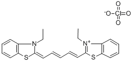 structure of CAS# 22268-65-1, 3,3'-Diethyl-2,2'-Thiadicarbocyanine Perchlorate;BENZOTHIAZOLIUM, 3-ETHYL-2-[5-(3-ETHYL-2-BENZOTHIAZOLINYLIDENE)-1,3-PENTADIENYL]-, PERCHLORATE;3-ETHYL-2-[5-(3-ETHYL-2(3H)-BENZOTHIAZOLYLIDENE)-1,3-PENTADIENYL]BENZOTHIAZOLIUM PERCHLORATE;3-ETHYL-2-[5-(3-ETHYL-2-BENZOTHIAZOLINYLIDENE)-1,3-PENTADIENYL]BENZOTHIAZOLIUM PERCHLORATE