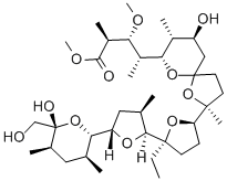 structure of CAS# 28636-21-7, Monensin Methyl Ester;Methyl (2R,3S,4R)-4-[(2R,5R,7S,8R,9S)-2-[(2R,5S)-5-Ethyl-5-[(2S,3R,5S)-5-[(2S,3S,5R,6R)-6-Hydroxy-6-(Hydroxymethyl)-3,5-Dimethyl-Tetrahydropyran-2-Yl]-3-Methyl-Tetrahydrofuran-2-Yl]Tetrahydrofuran-2-Yl]-9-Hydroxy-2,8-Dimethyl-1,6-Dioxaspiro[4.5]Decan-7-Yl]-3-Methoxy-2-Methyl-Pentanoate;(2R,3S,4R)-4-[(2R,5R,7S,8R,9S)-2-[(2R,5S)-5-Ethyl-5-[(2S,3R,5S)-5-[(2S,3S,5R,6R)-6-Hydroxy-6-(Hydroxymethyl)-3,5-Dimethyl-2-Tetrahydropyranyl]-3-Methyl-2-Tetrahydrofuranyl]-2-Tetrahydrofuranyl]-9-Hydroxy-2,8-Dimethyl-1,6-Dioxaspiro[4.5]Decan-7-Yl]-3-Methoxy-2-Methylpentanoic Acid Methyl Ester;(2R,3S,4R)-4-[(2R,5R,7S,8R,9S)-2-[(2R,5S)-5-Ethyl-5-[(2S,3R,5S)-5-[(2S,3S,5R,6R)-6-Hydroxy-3,5-Dimethyl-6-Methylol-Tetrahydropyran-2-Yl]-3-Methyl-Tetrahydrofuran-2-Yl]Tetrahydrofuran-2-Yl]-9-Hydroxy-2,8-Dimethyl-1,6-Dioxaspiro[4.5]Decan-7-Yl]-3-Methoxy-2-Methyl-Valeric Acid Methyl Ester