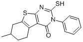 structure of CAS# 299919-85-0, 2,3,5,6,7,8-Hexahydro-7-Methyl-3-Phenyl-2-Thioxo-[1]Benzothieno[2,3-d]Pyrimidin-4(1H)-One;2-Mercapto-7-Methyl-3-Phenyl-5,6,7,8-Tetrahydrobenzo[B]Thieno[2,3-D]Pyrimidin-4(3H)-One, 96%;[1]BENZOTHIENO[2,3-D]PYRIMIDIN-4(3H)-ONE, 5,6,7,8-TETRAHYDRO-2-MERCAPTO-7-METHYL-3-PHENYL-;2-MERCAPTO-7-METHYL-3-PHENYL-5,6,7,8-TETRAHYDRO-3H-BENZO[4,5]THIENO[2,3-D]PYRIMIDIN-4-ONE