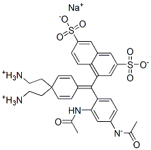 structure of CAS# 3369-56-0, Sodium 4-[(4-Diethylaminophenyl)-(4-Diethylazaniumylidene-1-Cyclohexa-2,5-Dienylidene)Methyl]Naphthalene-2,7-Disulfonate;Ethanaminium, N-(4-((4-(Diethylamino)Phenyl)(3,6-Disulfo-1-Naphthalenyl)Methylene)-2,5-Cyclohexadien-1-Ylidene)-N-Ethyl-, Inner Salt, Sodium Salt;Hydrogen (4-(4-(Diethylamino)-Alpha-(3,6-Disulphonato-1-Naphthyl)Benzylidene)Cyclohexa-2,5-Dien-1-Ylidene)Diethylammonium, Sodium Salt;Zielen Kwasowa Czysta V [Polish]