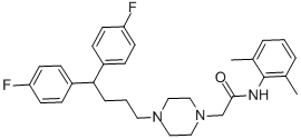 structure of CAS# 3416-26-0, Lidoflazine;2-[4-[4,4-Bis(4-Fluorophenyl)Butyl]-1-Piperazinyl]-N-(2,6-Dimethylphenyl)Acetamide;2-[4-[4,4-Bis(4-Fluorophenyl)Butyl]Piperazin-1-Yl]-N-(2,6-Dimethylphenyl)Ethanamide;Prestwick1_000381