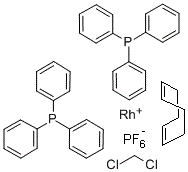 结构式 CAS# 35238-97-2, (1,5-环辛二烯)二(三苯基膦)铑(I)六氟磷酸盐二氯甲烷络合物(1:1)