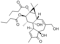 structure of CAS# 37558-16-0, Phorbol 12,13-Dibutyrate;Butanoic Acid, (1Ar,1Bs,4Ar,7Bs,8R,9R,9As)-1,1A,1B,4,4A,5,7A,7B,8,9-Decahydro-4A,7B-Dihydroxy-3-(Hydroxymethyl)-1,1,6,8-Tetramethyl-5-Oxo-9Ah-Cyclopropa(3,4)Benz(1,2-E)Azulene-9,9A-Diyl Ester;Butanoic Acid, Diester With 1,1A,1B,4,4A,7A,7B,8,9,9A-Decahydro-4A,7B,9,9A-Tetrahydro-3-(Hydroxymethyl)-1,1,6,8-Tetramethyl-5H-Cyclopropya(3,4)Benz(1,2-E)Azulen-5-One, (1Ar-(1Aalpha,1Bbeta,4Abeta,7Aalpha,7Balpha,8Alpha,9Beta,9Aalpha))-;C03634