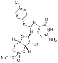 structure of CAS# 51239-26-0, 8-(4-Chlorophenylthio)Guanosine 3',5'-Cyclic Monophosphate Sodium Salt;8-(4-Chlorophenylthio)-Guanosine-3'',5''-Cyclic Monophosphoric Acid Sodium Sa;8-(4-CHLOROPHENYLTHIO)GUANOSINE 3',5'-CYCLIC MONOPHOSPHATE SODIUM SALT;8-(4-CHLOROPHENYLTHIO)GUANOSINE 3':5'-CYLIC MONOPHOSPHATE SODIUM SALT