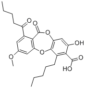 structure of CAS# 522-53-2, Lobutoic Acid;3-Hydroxy-9-Methoxy-6-Oxo-7-Pentanoyl-1-Pentyl-Benzo[B][1,4]Benzodioxepine-2-Carboxylic Acid;3-Hydroxy-9-Methoxy-6-Oxo-7-(1-Oxopentyl)-1-Pentyl-2-Benzo[B][1,4]Benzodioxepinecarboxylic Acid;1-Amyl-3-Hydroxy-6-Keto-9-Methoxy-7-Valeryl-Benzo[B][1,4]Benzodioxepine-2-Carboxylic Acid