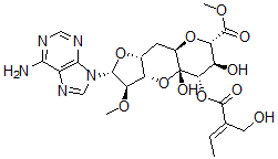 structure of CAS# 55353-31-6, Herbicidin A;Alpha-L-Ido-D-Lyxo-5-Undeculo-5,9-Pyranosonic Acid, 11-C-(6-Amino-9H-Purin-9-Yl)-2,6:8,11-Dianhydro-7-Deoxy-10-O-Methyl-, Methyl Ester, 4-(2-(Hydroxymethyl)-2-Butenoate), (4(E),11R)-;Aids-187912;Aids187912