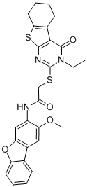 structure of CAS# 578701-26-5, 2-[(3-Ethyl-3,4,5,6,7,8-Hexahydro-4-Oxo[1]Benzothieno[2,3-d]Pyrimidin-2-Yl)Thio]-N-(2-Methoxy-3-Dibenzofuranyl)-Acetamide