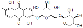 structure of CAS# 60450-21-7, Morindone-6-O-beta-D-Primeveroside;1,5-Dihydroxy-2-Methyl-6-[(2S,3R,4S,5S,6R)-3,4,5-Trihydroxy-6-[[(2S,3R,4S,5R)-3,4,5-Trihydroxytetrahydropyran-2-Yl]Oxymethyl]Tetrahydropyran-2-Yl]Oxy-Anthracene-9,10-Dione;1,5-Dihydroxy-2-Methyl-6-[[(2S,3R,4S,5S,6R)-3,4,5-Trihydroxy-6-[[(2S,3R,4S,5R)-3,4,5-Trihydroxy-2-Tetrahydropyranyl]Oxymethyl]-2-Tetrahydropyranyl]Oxy]Anthracene-9,10-Dione;1,5-Dihydroxy-2-Methyl-6-[(2S,3R,4S,5S,6R)-3,4,5-Trihydroxy-6-[[(2S,3R,4S,5R)-3,4,5-Trihydroxytetrahydropyran-2-Yl]Oxymethyl]Tetrahydropyran-2-Yl]Oxy-9,10-Anthraquinone