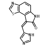 structure of CAS# 608512-97-6, (8Z)-8-(1H-Imidazol-4-ylmethylene)-6,8-dihydro-7H-[1,3]thiazolo[5,4-e]indol-7-one;8- -6,8-DIHYDRO-THIAZOLO[5,4-E]INDOL-7-ONE;8-[1-(1H-<wbr>imidazol-<wbr>4-yl)-met<wbr>h-(Z)-yli<wbr>dene]-6,8<wbr>-dihydro-<wbr>thiazolo[<wbr>5,4-e]ind<wbr>ol-7-one;ASN 11124542