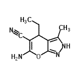 structure of CAS# 612513-75-4, 6-Amino-4-ethyl-3-methyl-2,4-dihydropyrano[2,3-c]pyrazole-5-carbonitrile;6-amino-4<wbr>-ethyl-3-<wbr>methyl-1,<wbr>4-dihydro<wbr>pyrano[2,<wbr>3-c]pyraz<wbr>ole-5-car<wbr>bonitrile