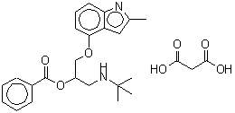 structure of CAS# 62658-64-4, Malonic Acid - 1-[(2-Methyl-1H-Indol-4-Yl)Oxy]-3-[(2-Methyl-2-Propanyl)Amino]-2-Propanyl Benzoate (1:1);2-Propano<wbr>l, 1-((1,<wbr>1-dimethy<wbr>lethyl)am<wbr>ino)-3-((<wbr>2-methyl-<wbr>1H-indol-<wbr>4-yl)oxy)<wbr>-, benzoa<wbr>te (ester<wbr>), propan<wbr>edioate (<wbr>1:1)(salt);Bopindolol hydrogen malonate;Bopindolol malonate