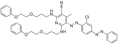CAS 登录号：63281-03-8， 5-[[2-氯-4-(苯基偶氮)苯基]偶氮]-4-甲基-2,6-二[[3-(2-苯氧基乙氧基)丙基]氨基]烟腈