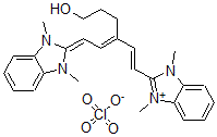 structure of CAS# 63899-28-5, 2-[3-[2-(1,3-Dihydro-1,3-Dimethyl-2H-Benzimidazol-2-Ylidene)Ethylidene]-6-Hydroxy-1-Hexen-1-Yl]-1,3-Dimethyl-1H-Benzimidazolium Perchlorate (1:1)