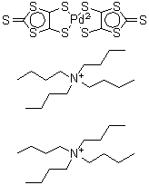 structure of CAS# 72688-90-5, Bis(N,N,N-tributyl-1-butanaminium) bis[4,5-di(sulfanyl-kappaS)-1,3-dithiole-2-thionato(2-)]palladate(2-);Bis(tetra<wbr>butylammo<wbr>nium) Bis<wbr>(1,3-dith<wbr>iole-2-th<wbr>ione-4,5-<wbr>dithiolat<wbr>o)palladi<wbr>um(II)