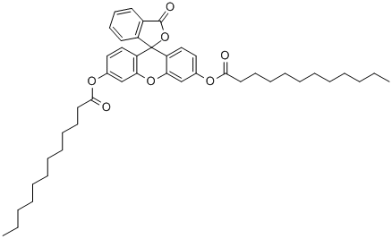 structure of CAS# 7308-90-9, Dodecanoicacid 1,1'-(3-Oxospiro[Isobenzofuran-1(3H),9'-[9H]Xanthene]-3',6'-Diyl) Ester;(6'-Dodecanoyloxy-3-Oxo-Spiro[Isobenzofuran-1,9'-Xanthene]-3'-Yl) Dodecanoate;Dodecanoic Acid [3-Oxo-6'-(1-Oxododecoxy)-3'-Spiro[Isobenzofuran-1,9'-Xanthene]Yl] Ester;Lauric Acid (3-Keto-6'-Lauroyloxy-Spiro[Isobenzofuran-1,9'-Xanthene]-3'-Yl) Ester