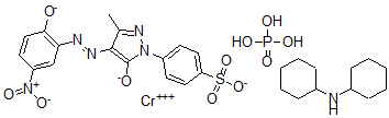 CAS#: 75601-78-4， (4-(4,5-dihydro-4-((2-hydroxy-5-nitrophenyl)azo)-3-methyl-5-oxo-1H-pyrazol-1-yl)benzenesulfonato(3-))-Chromium compd. with N-cyclohexylcyclohexanamine phosphate (1:1:1)
