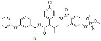 CAS#: 79871-52-6， [cyano-[3-(phenoxy)phenyl]methyl] 2-(4-chlorophenyl)-3-methyl-butanoate, dimethoxy-(3-methyl-4-nitro-phenoxy)-sulfanylidene-phosphorane