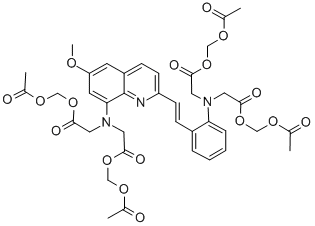 structure of CAS# 86293-31-4, 8-Bis[Carboxymethyl]Amino-2-[2-(2-Bis[Carboxymethyl]-Aminophenyl)Ethenyl]-6-Methoxy-Quinoline Tetra[Acetoxymethyl] Ester;8-BIS[CARBOXYMETHYL]AMINO-2-[2-(2-BIS[CARBOXYMETHYL]-AMINOPHENYL)ETHENYL]-6-METHOXY-QUINOLINE TETRA[ACETOXYMETHYL] ESTER;8-Bis(Carboxymethyl)Amino-2-[2-(2-Bis(Carboxymethyl)Aminophenyl)Ethenyl]-6-Methoxyquinoline Tetra(Acetoxymethyl) Ester;QUENE 1-AM