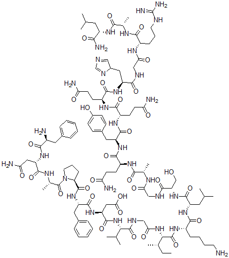 structure of CAS# 869705-22-6, L-Phenylalanyl-L-Asparaginyl-L-Alanyl-L-Prolyl-L-Phenylalanyl-L-alpha-Aspartyl-L-Valylglycyl-L-Isoleucyl-L-Lysyl-L-Leucyl-L-Serylglycyl-L-Alanyl-L-Glutaminyl-L-Tyrosyl-L-Glutaminyl-L-Glutaminyl-L-Histidylglycyl-L-Arginyl-L-Alanyl-L-Leucinamide;H-PHE-ASN-ALA-PRO-PHE-ASP-VAL-GLY-ILE-LYS-LEU-SER-GLY-ALA-GLN-TYR-GLN-GLN-HIS-GLY-ARG-ALA-LEU-NH2;Obestatin, Rat, Mouse, Gerbil;Obestatin (Mouse, Rat)