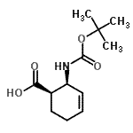 structure of CAS# 870288-16-7, (1R,2S)-2-({[(2-Methyl-2-propanyl)oxy]carbonyl}amino)-3-cyclohexene-1-carboxylic acid;(1R,2S)-2<wbr>-(tert-Bu<wbr>toxycarbo<wbr>nylamino)<wbr>cyclohex-<wbr>3-enecarb<wbr>oxylic ac<wbr>id;(1R,2S)-Boc-2-aminocyclohex-3-ene-carboxylic acid;(1R,2S)-Boc-2-aminocyclohex-3-ene-carboxylicacid