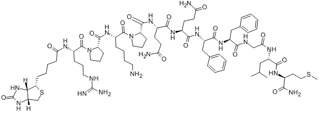 structure of CAS# 87468-58-4, Biotinyl-Substance P;Substance P, N2-(5-(Hexahydro-2-Oxo-1H-Thieno(3,4-D)Imidazol-4-Yl)-1-Oxopentyl)-, (3As-(3Aalpha,4Beta,6Aalpha))-;BIOTINYL-ARG-PRO-LYS-PRO-GLN-GLN-PHE-PHE-GLY-LEU-MET-NH2;BIOTIN-ARG-PRO-LYS-PRO-GLN-GLN-PHE-PHE-GLY-LEU-MET-NH2