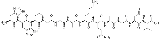 structure of CAS# 89105-94-2, His-His-Leu-Gly-Gly-Ala-Lys-Gln-Ala-Gly-Asp-Val;H-HIS-HIS-LEU-GLY-GLY-ALA-LYS-GLN-ALA-GLY-ASP-VAL-OH;HIS-HIS-LEU-GLY-GLY-ALA-LYS-GLN-ALA-GLY-ASP-VAL;HUMAN FIBRINOGEN-GAMMA FRAGMENT 400-411