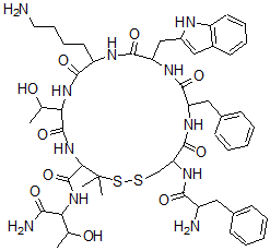 CAS 登录号：96384-04-2， 苯丙氨酰-半胱氨酰-苯丙氨酰-色氨酰-赖氨酰-苏氨酰-青霉胺-苏氨酰胺