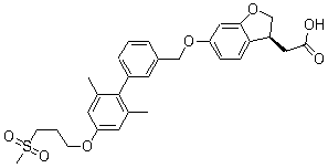 结构式 CAS# 1000413-72-8, TAK 875; (3S)-6-[[2',6'-二甲基-4'-[3-(甲磺酰基)丙氧基][1,1'-联苯]-3-基]甲氧基]-2,3-二氢-3-苯并呋喃乙酸