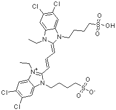 5,6-Dichloro-2-[3-[5,6-dichloro-1-ethyl-3-(4-sulfobutyl)-2-benzimidazolinylidene]propenyl]-3-ethyl-1-(4-sulfobutyl)benzimidazolium hydroxide inner salt molecular structure (CAS 10049-96-4)