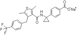 structure of CAS# 1006036-88-9, MK-2894 Na salt;4-[1-[[[2,5-Dimethyl-4-[[4-(trifluoromethyl)phenyl]methyl]-3-thienyl]carbonyl]amino]cyclopropyl]benzoic acid sodium salt