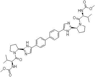 结构式 CAS# 1009119-64-5, Daclatasvir; N,N'-[[1,1'-联苯]-4,4'-二基双[1H-咪唑-5,2-二基-(2S)-2,1-吡咯烷二基 [(1S)-1-(1-甲基乙基)-2-氧代-2,1-乙烷二基]]]双氨基甲酸 C,C'-二甲酯
