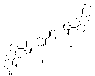 结构式 CAS# 1009119-65-6, BMS 790052; N,N'-[[1,1'-联苯]-4,4'-二基双[1H-咪唑-5,2-二基-(2S)-2,1-吡咯烷二基[(1S)-1-(1-甲基乙基)-2-氧代-2,1-乙烷二基]]]二氨基甲酸二甲酯二盐酸盐