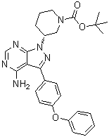 结构式 CAS# 1022150-11-3, (R)-3-[4-氨基-3-(4-苯氧基苯基)-1H-吡唑并[3,4-d]嘧啶-1-基]哌啶-1-羧酸叔丁酯