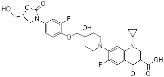 structure of CAS# 1025097-10-2, Cadazolid;1-Cyclopropyl-6-fluoro-7-[4-[[2-fluoro-4-((R)-5-hydroxymethyl-2-oxooxazolidin-3-yl)phenoxy]methyl]-4-hydroxypiperidin-1-yl]-4-oxo-1,4-dihydroquinoline-3-carboxylic acid; ACT 179811