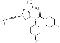 structure of CAS# 1026785-59-0, 5-(3,3-Dimethyl-1-butyn-1-yl)-3-[(cis-4-hydroxycyclohexyl)[(trans-4-methylcyclohexyl)carbonyl]amino]-2-thiophenecarboxylic acid;VX-222