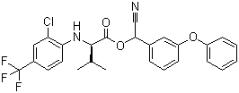 结构式 CAS# 102851-06-9, 氟胺氰菊酯; (RS)-alpha-氰基-3-苯氧基苄基 N-(2-氯-4-三氟甲基苯基)-D-氨基异戊酸酯